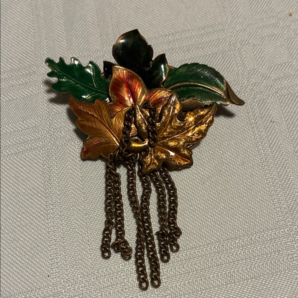 Albert Weiss Gold and Green Leaf Brooch with Chains